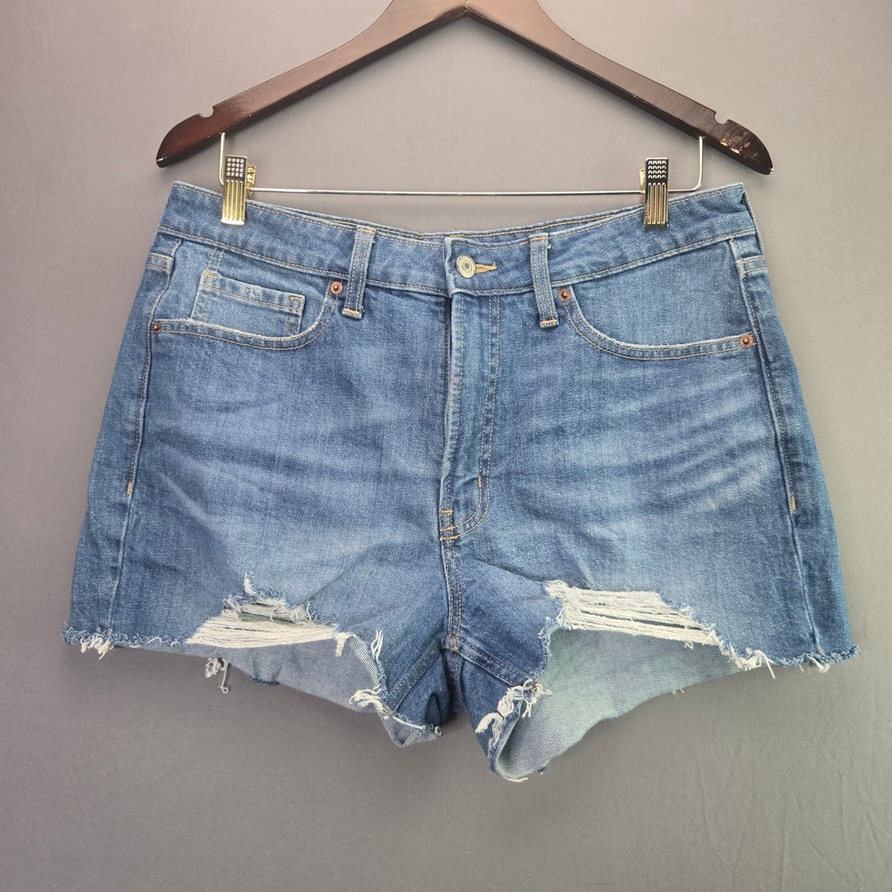 Old Navy OG Straight Jean Shorts 12 Blue Distressed High Rise Raw Hem Denim